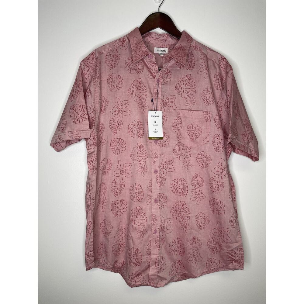 Haggar Shirt Mens XL Chambray Leaf Floral Leaf Button Up Stretch Casual Dad NWT